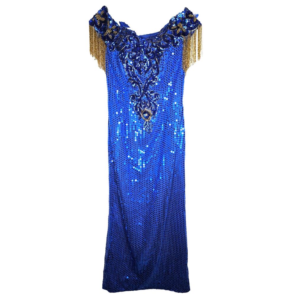 Vintage 80s J. Reynolds Atlanta 10 Glam Blue Sequin Formal Gown Dress Fringe